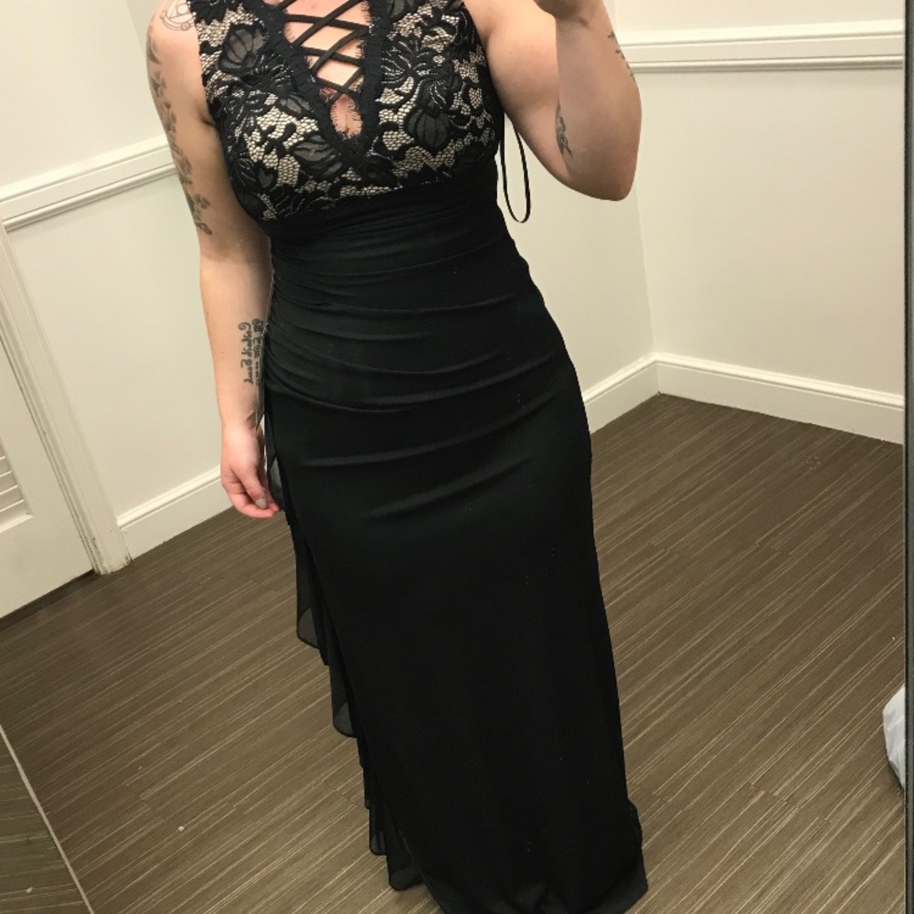 Black and Nude Ruched Formal Gown